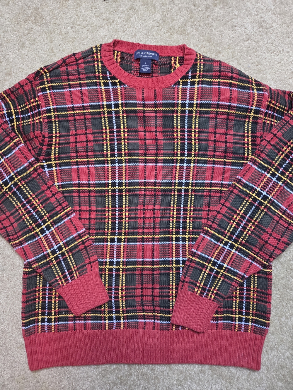 Daniel Cremieux Mens Red Tartan Plaid Crewneck Knit Sweater Large